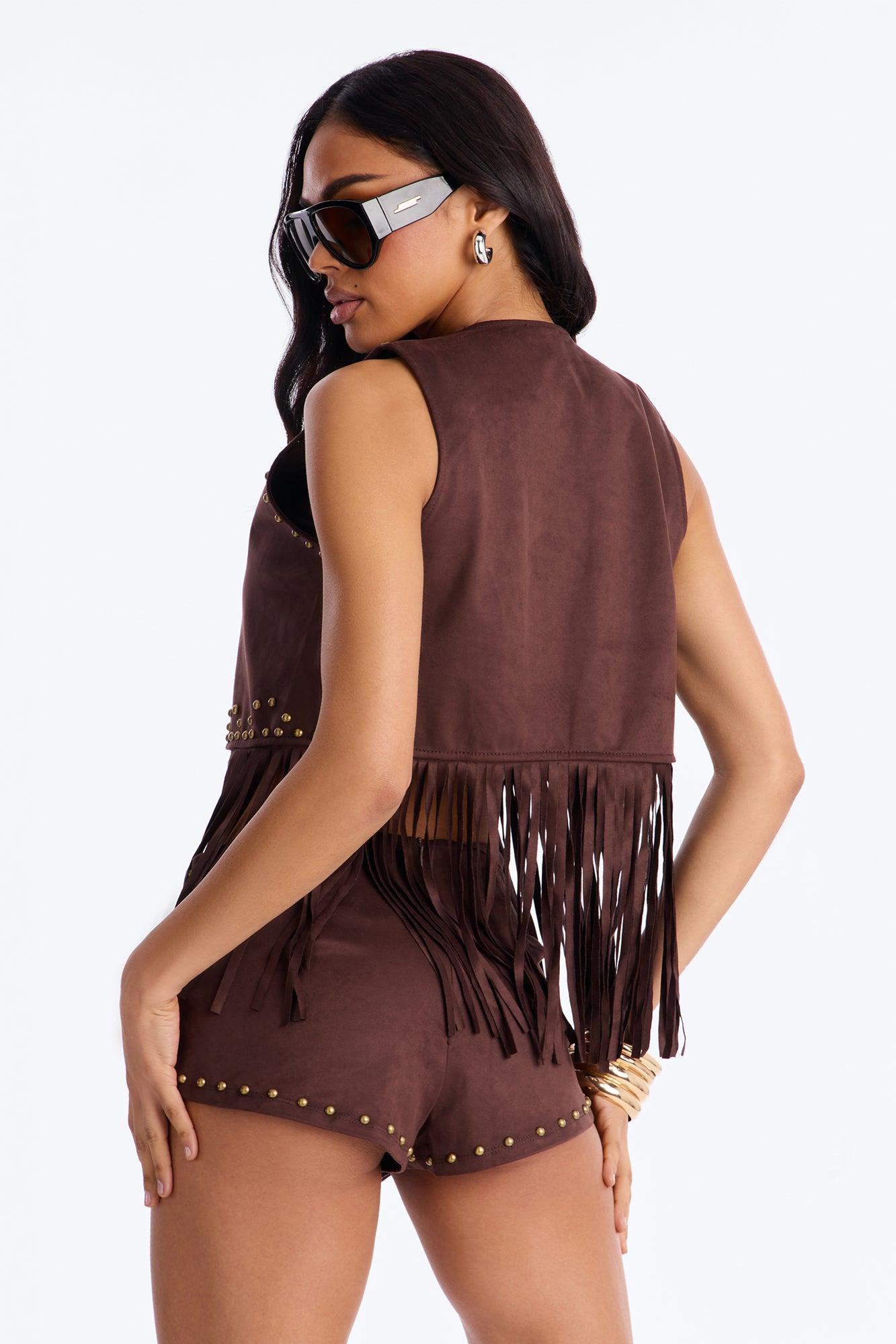 Rodeo Rebel Faux Suede Fringe Studded Short Set - Brown Female Product Image