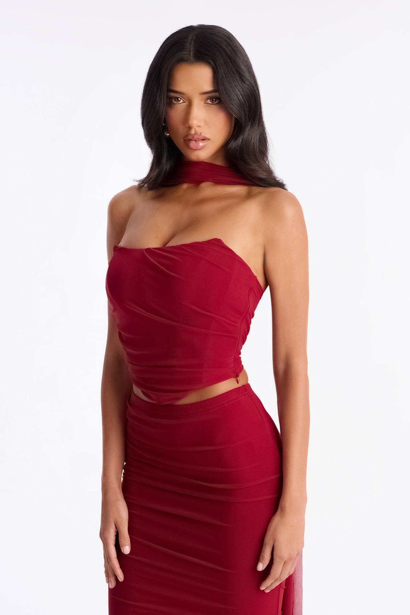 Avery Mesh Corset 3 Piece Maxi Skirt Set - Red Female Product Image
