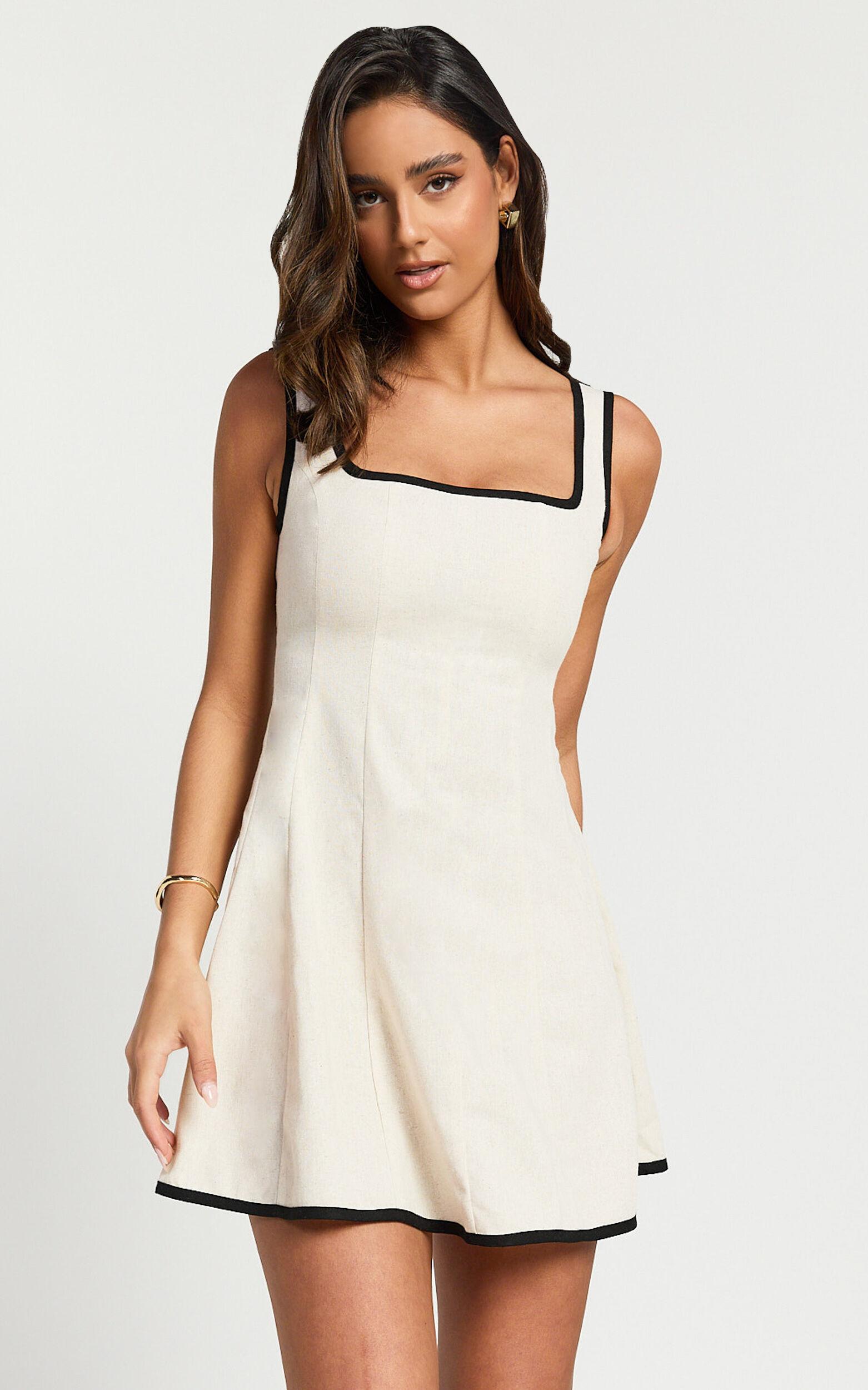 Antoni Mini Dress - Linen Ruched Back Square Neck Fit and Flare Dress in Natural Product Image
