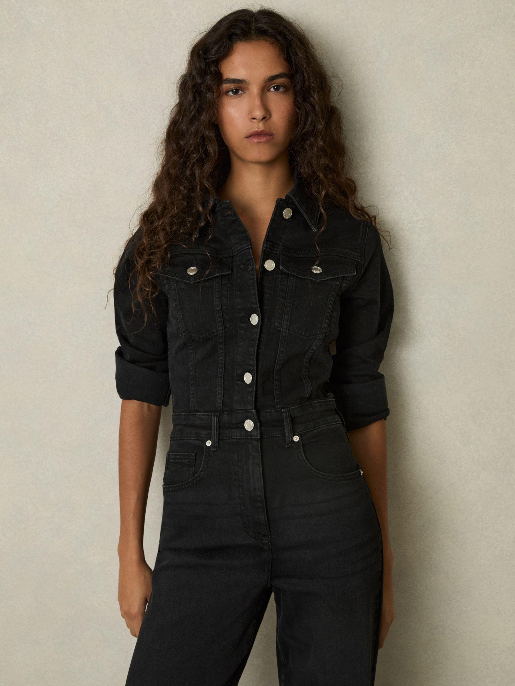 Cotton-Blend Denim Relaxed-Fit Jumpsuit in Black Product Image