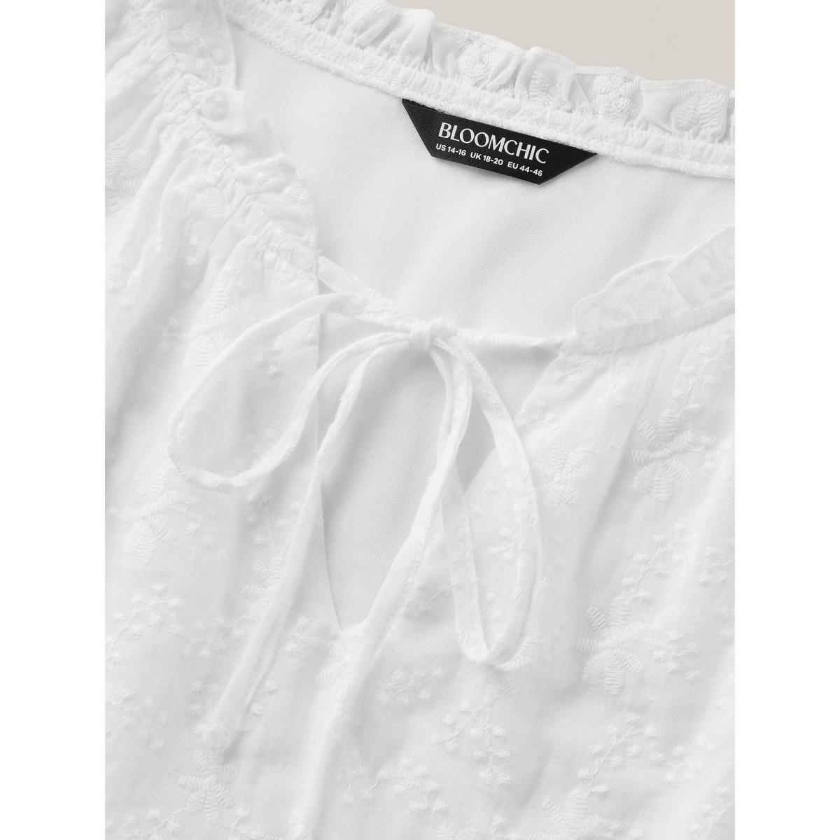 Plus Size WhiteSmoke Cotton Embroidery Notched Neck Tie Shirt Women Timeless Half Sleeve Flat collar with V-notch Elegant Blouses BloomChic 28/5X Product Image