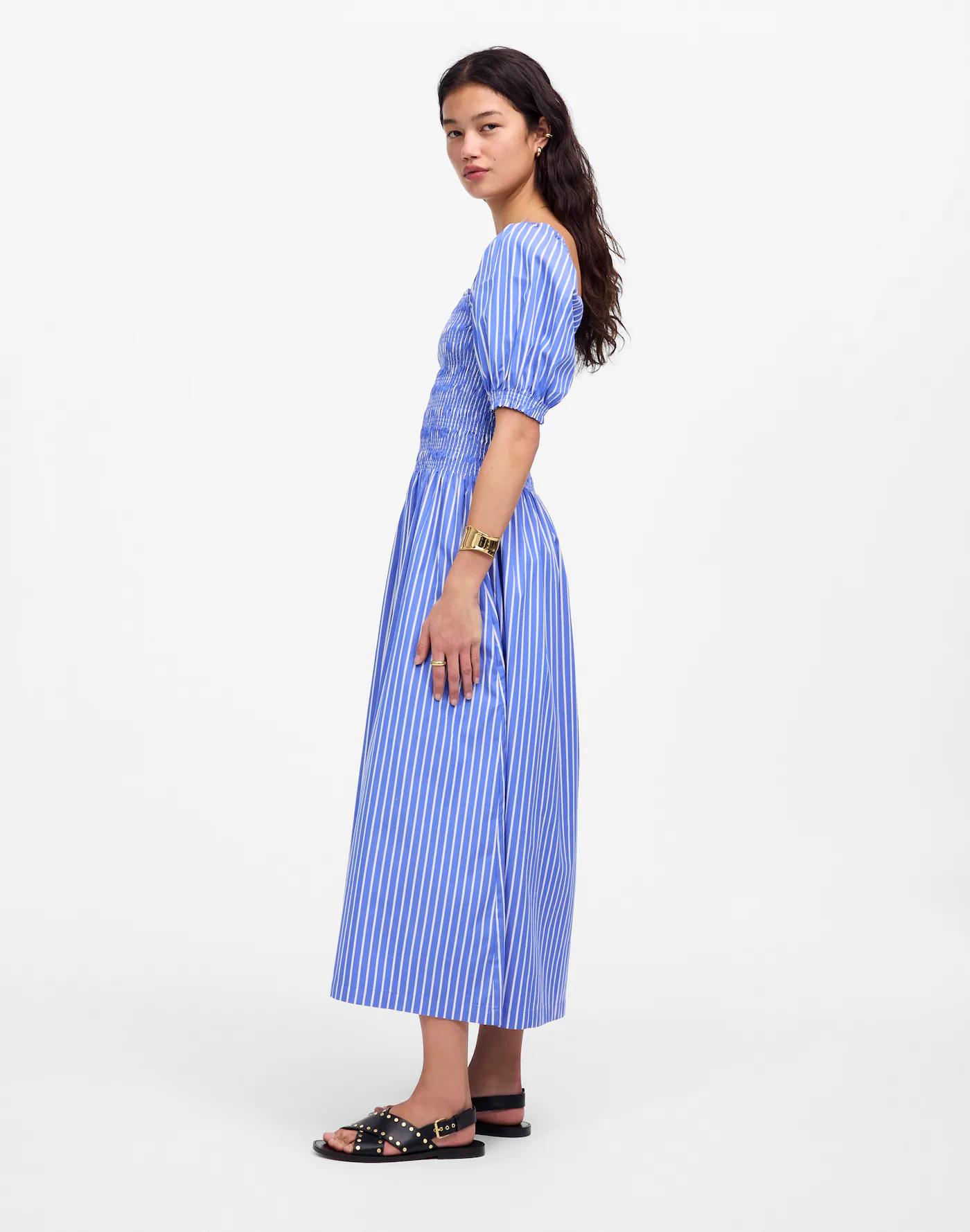 Smocked Puff Sleeve Midi Dress in Poplin Product Image