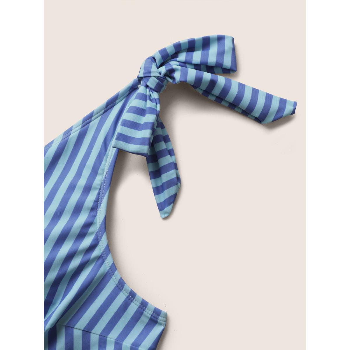 Plus Size V Neck Striped Tie Knot Gathered Swim Dress Women's Swimwear Skyblue Beach Bodycon V-neck High stretch Curve Swim Dresses BloomChic 26/4X Product Image