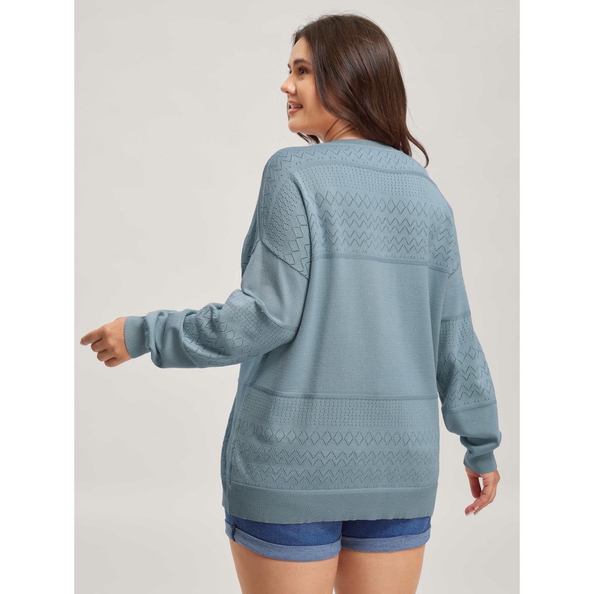 Plus Size Supersoft Textured Eyelet Trim Pullover LightBlue Women Leisure Loose Long Sleeve V-neck Casual Pullovers BloomChic 14-16/1X Product Image