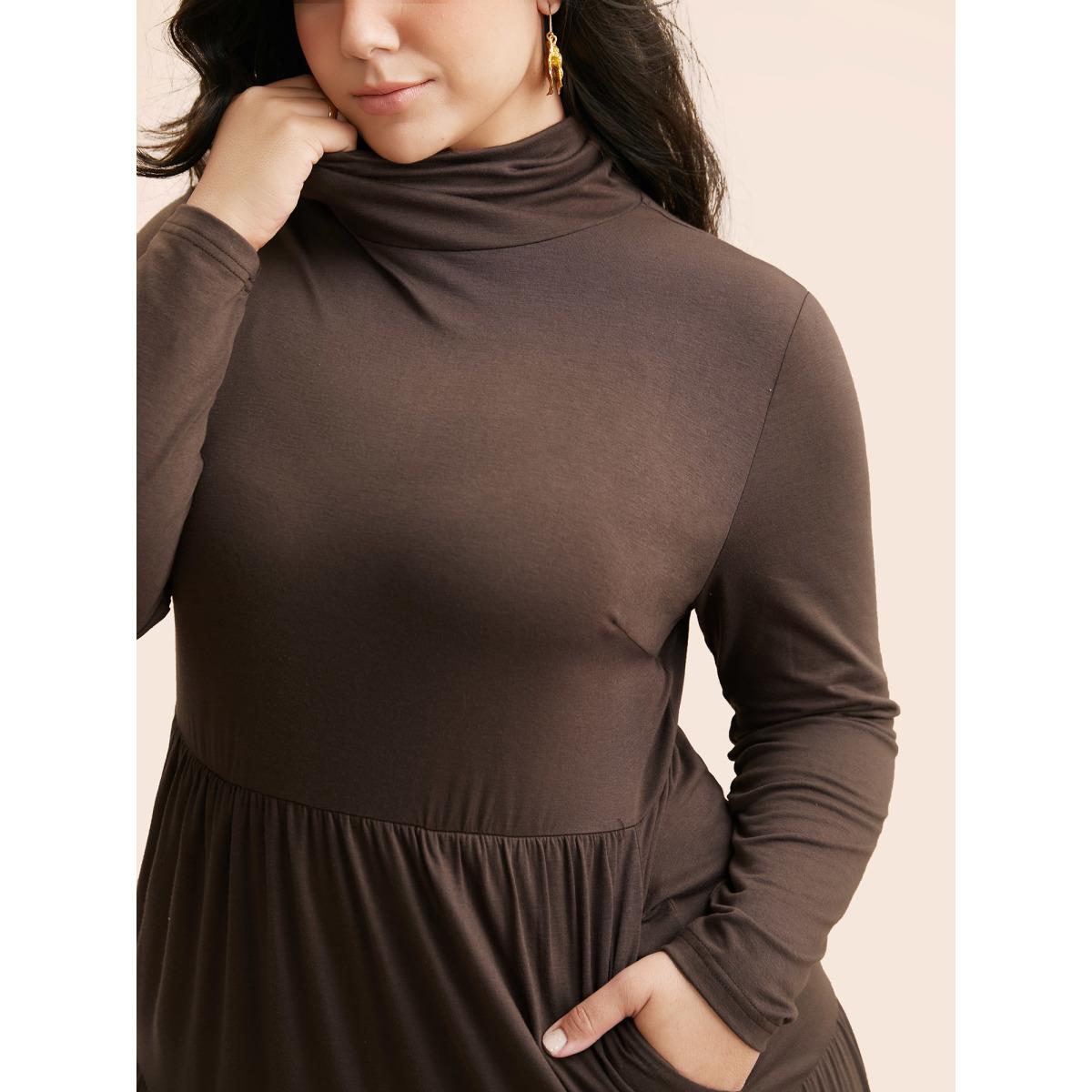 Plus Size Supersoft Essentials Funnel Neck Tiered Midi Dress DarkBrown Women Casual Ruffles Mock Neck Long Sleeve Curvy BloomChic 28/5X Product Image
