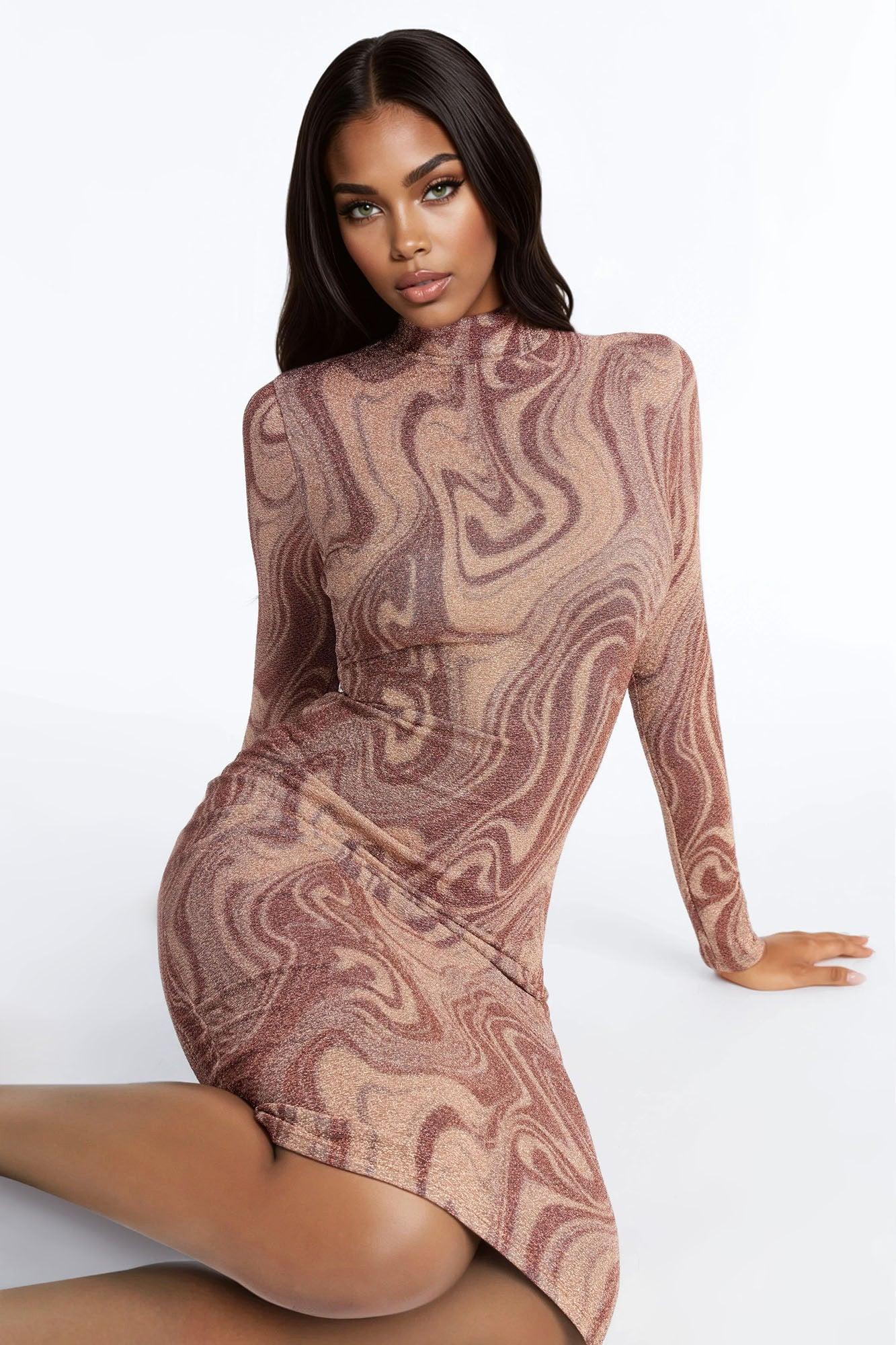 Mandy Long Sleeve Metallic Midi Dress - Bronze Female Product Image