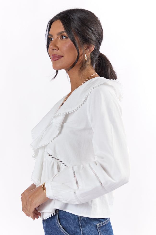 Burn The Breeze Ivory Ladder Detail Ruffle Front Blouse FINAL SALE Product Image