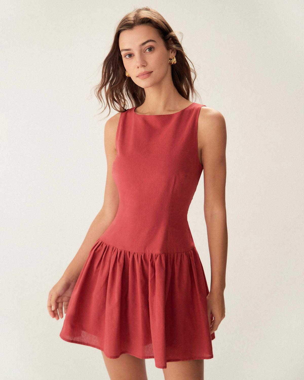 Red Boat Neck Sleeveless Mini Dress Product Image