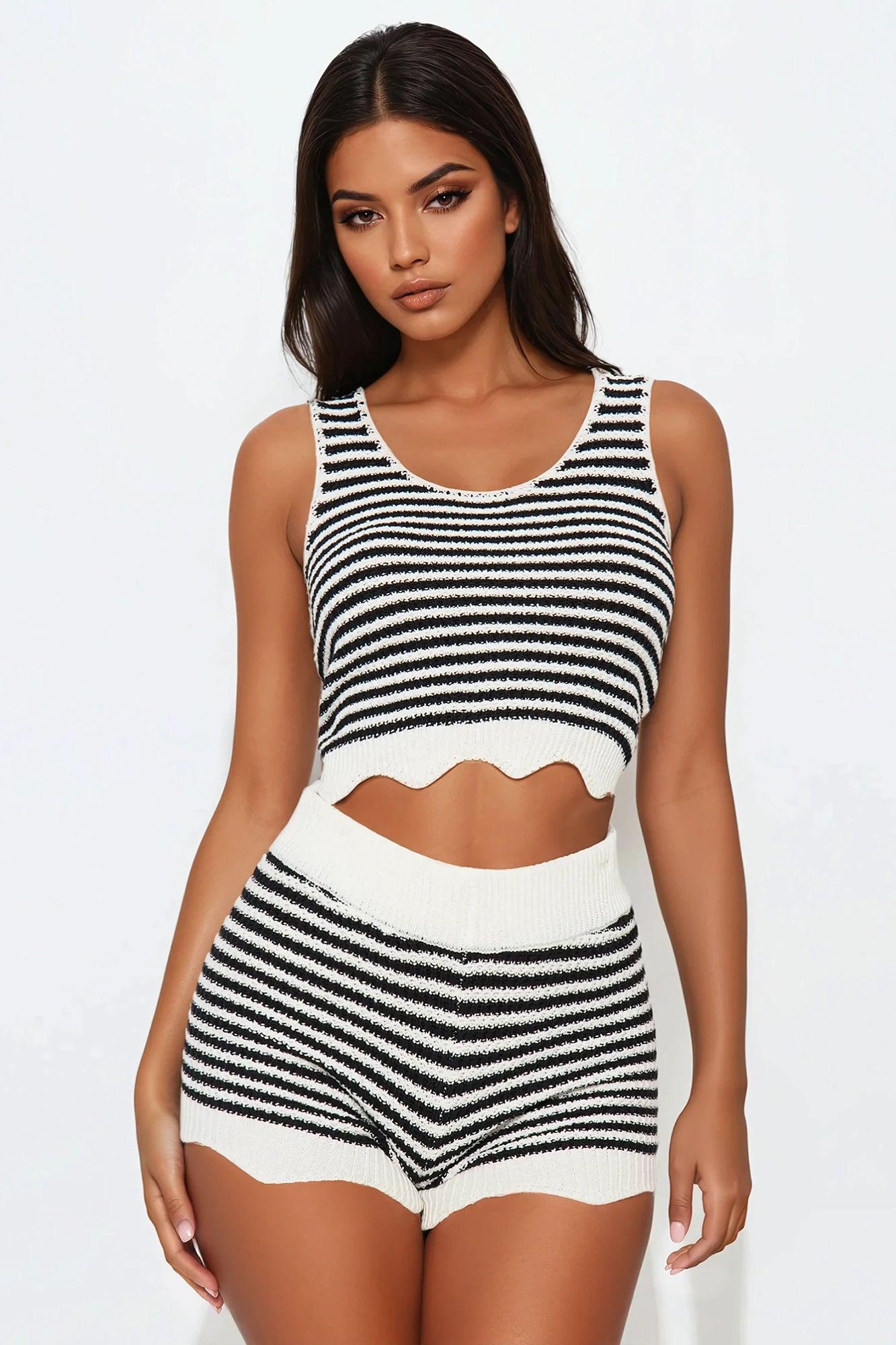 Sun Soaked Striped Crochet Short Set - Black Product Image