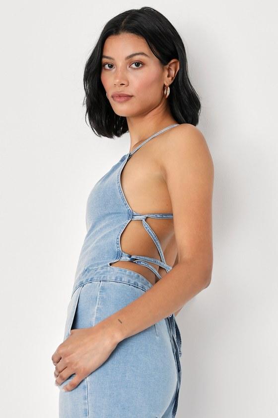 Retro Realness Light Wash Denim Lace-Up Backless Jumpsuit Product Image