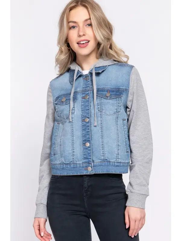 Long Sleeve Contrast Terry Sleeve with Hoodie Denim Jacket Product Image