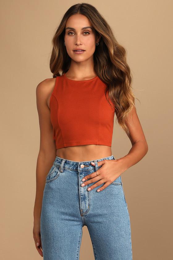 Let's Tie It Rust Orange Tie-Back Cropped Tank Top Product Image