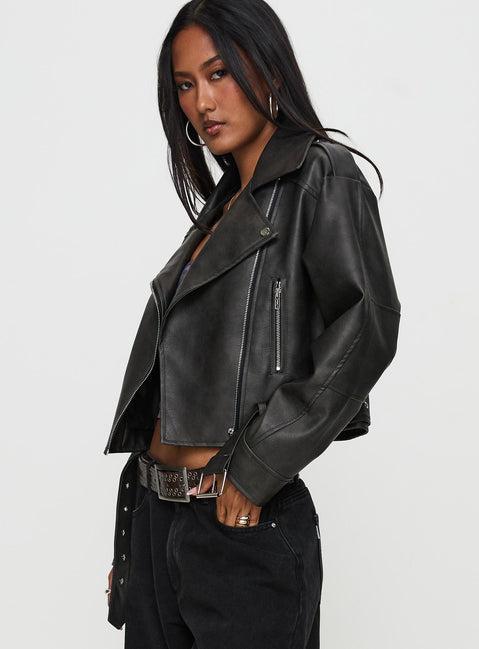 Face The Wind Faux Leather Jacket Grey Product Image