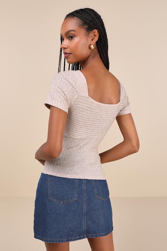 Quintessential Muse Heather Beige Ribbed Short Sleeve Top Product Image