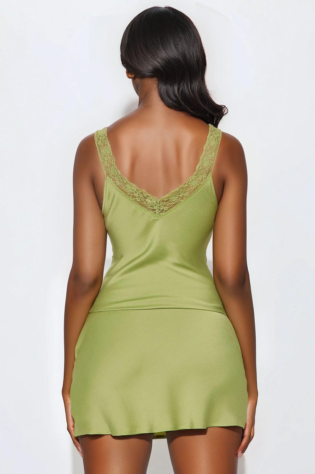 Chloe Lace Trim Satin Mini Skirt Set - Green Product Image