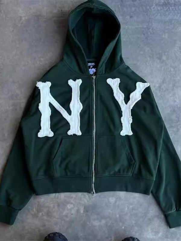 Embroidered Zip Up Cardigan Loose Hoodie Product Image