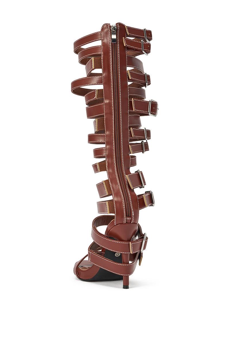 AZALEA WANG STITCH BROWN PU HARDWARE EMBELLISHED STILETTO SANDAL Product Image