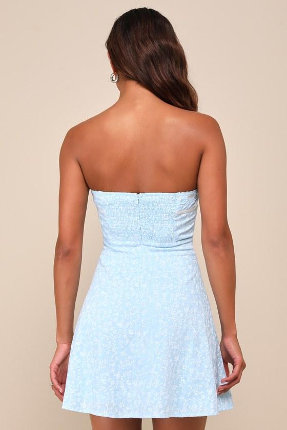Precious Babe Light Blue Floral Ribbon Strapless Mini Dress Product Image