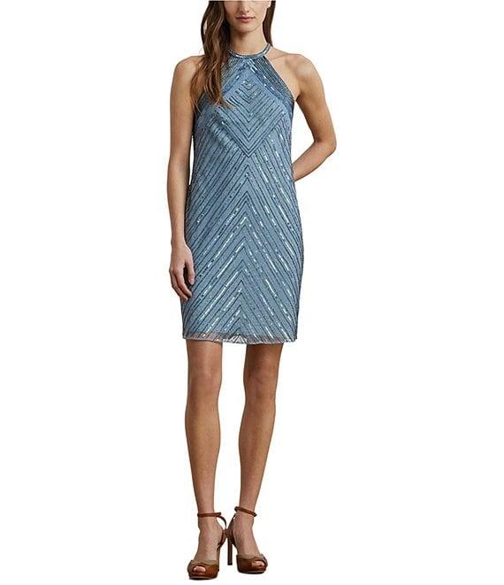 Lauren Ralph Lauren Beaded Mesh Chevron Halter Neck Sleeveless Sheath Dress Product Image