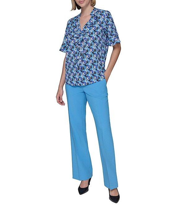 KARL LAGERFELD PARIS Georgette Logo Print Ruffle Front V-Neck Short Sleeve Blouse Product Image