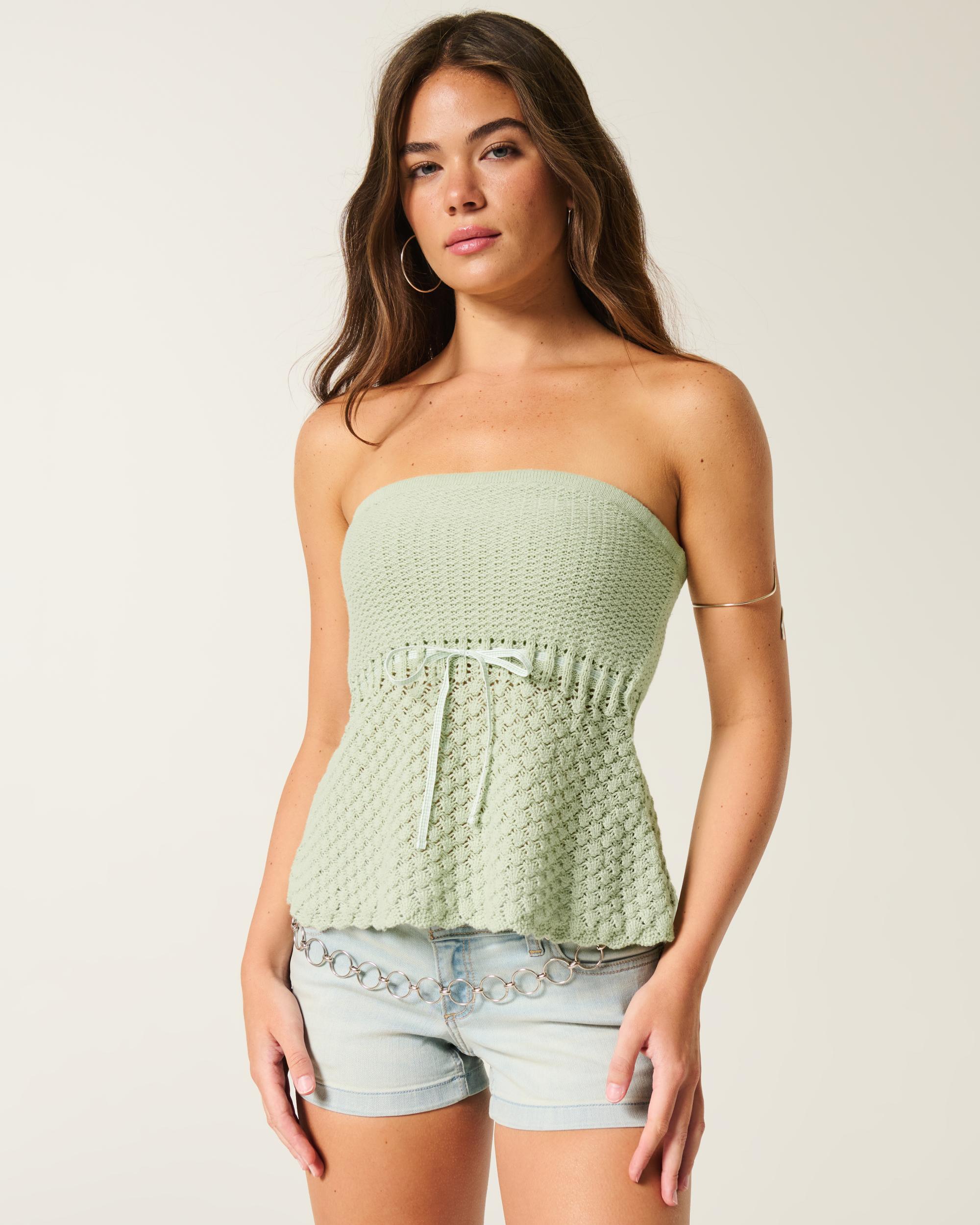 Crochet-Style Strapless Sweater Tube Top Product Image