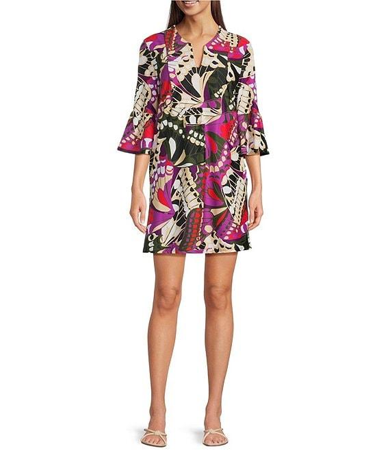 Jude Connally Kerry Butterfly Mosaic Print Split V-Neck 3/4 Bell Sleeve Knit Shift Dress Product Image
