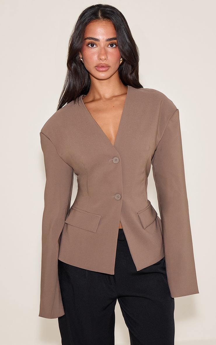Petite Taupe Cinched Waist Drop Shoulder Blazer Product Image