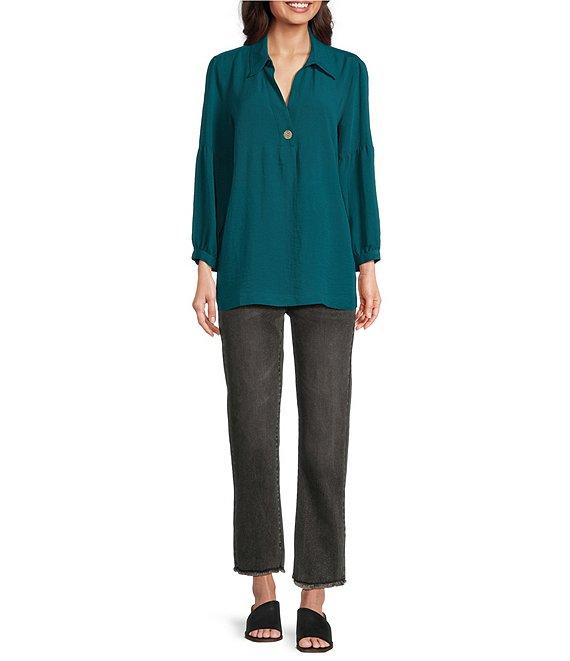 John Mark Woven Point Collar Neck 3/4 Sleeve Single Button Pullover Tunic Product Image