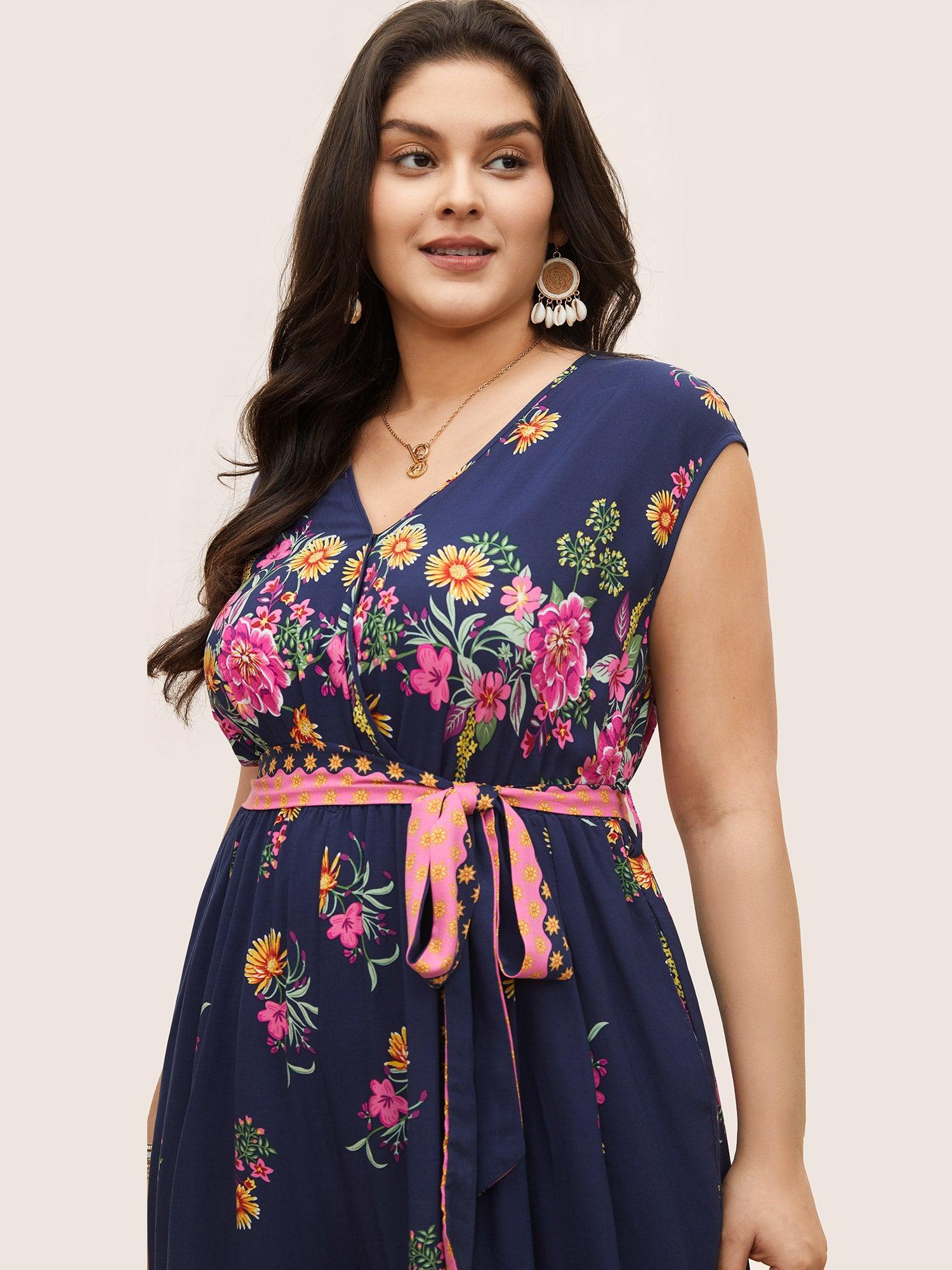 Boho Print Overlap Collar Belted Sleeveless Jumpsuit Female Product Image