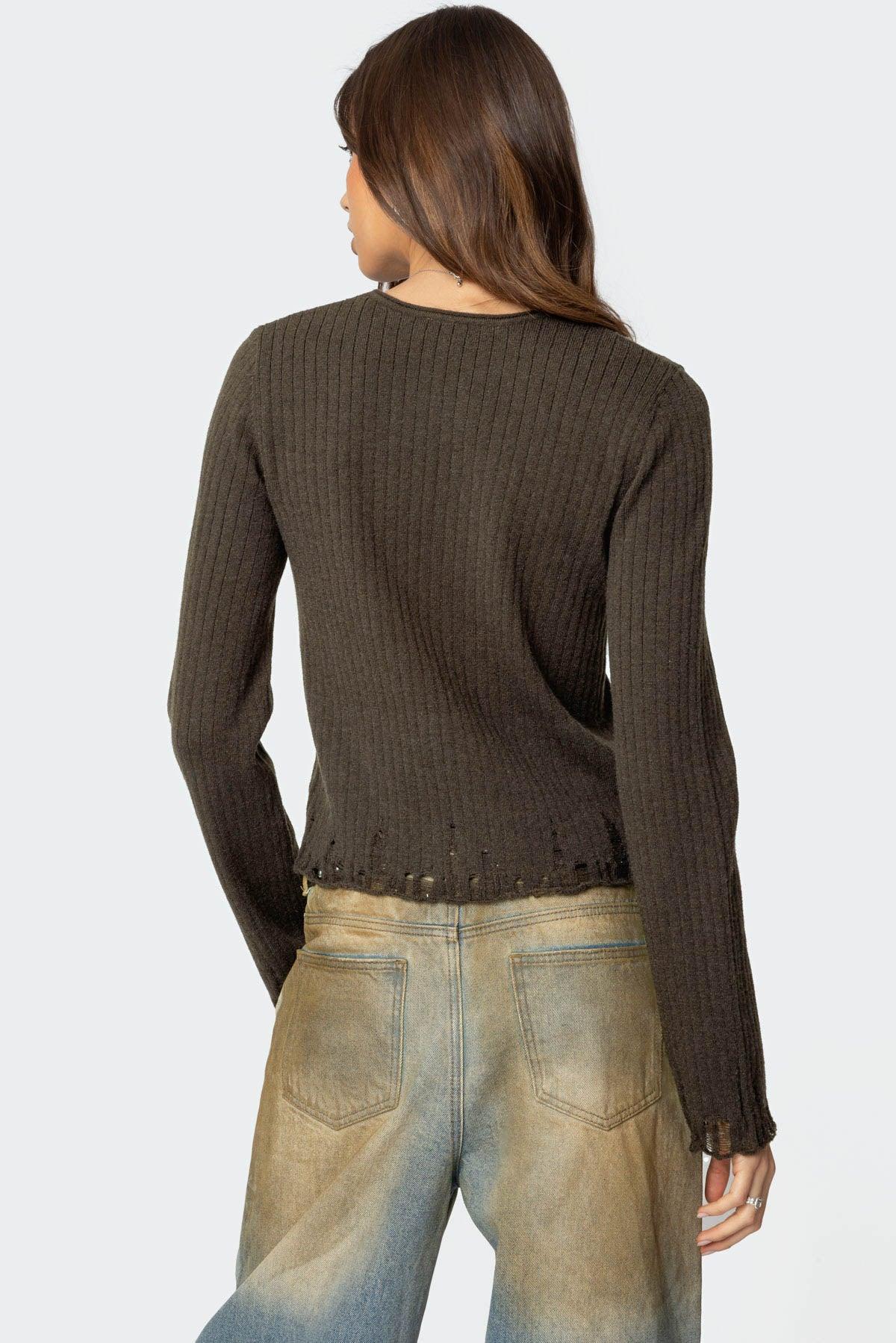 Distressed Ribbed Knit Sweater Product Image