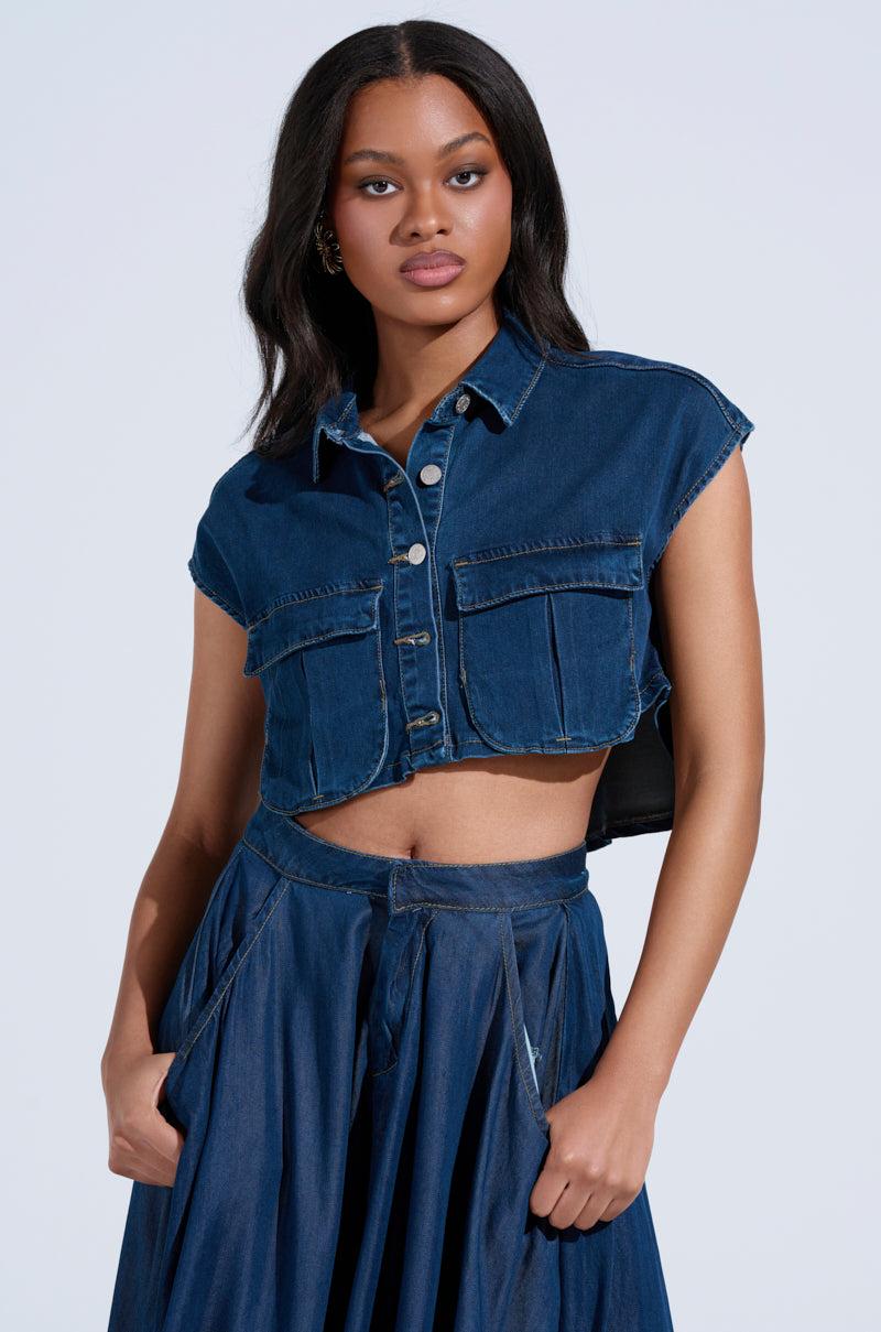 CARRIE BUTTON DOWN DENIM VEST TOP Product Image