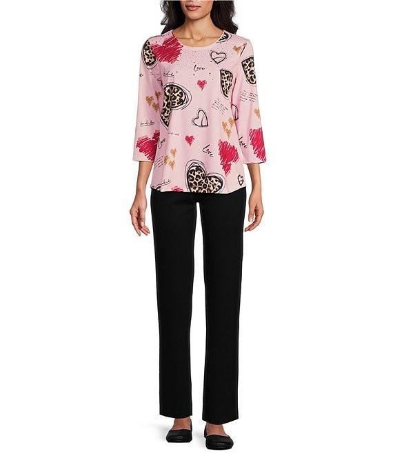 Allison Daley Leopard Hearts Print 3/4 Sleeve Crew Neck Knit Top Product Image