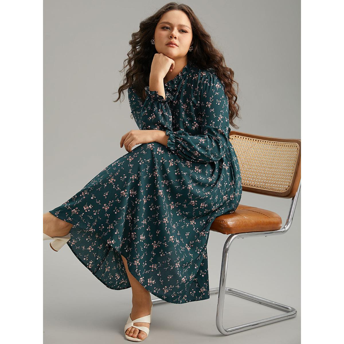 Plus Size Ditsy Floral Pocket Mock Neck Dress DarkGreen Women Elegant Cross straps Mock Neck Long Sleeve Curvy Midi Dress BloomChic 10/M Product Image