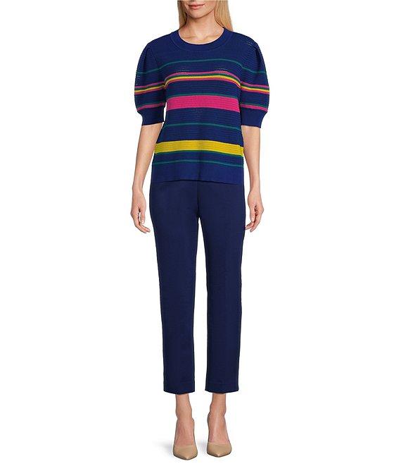 Investments Petite Size Olive Stripe Novelty Short Sleeve Crew Neck Sweater Top Product Image