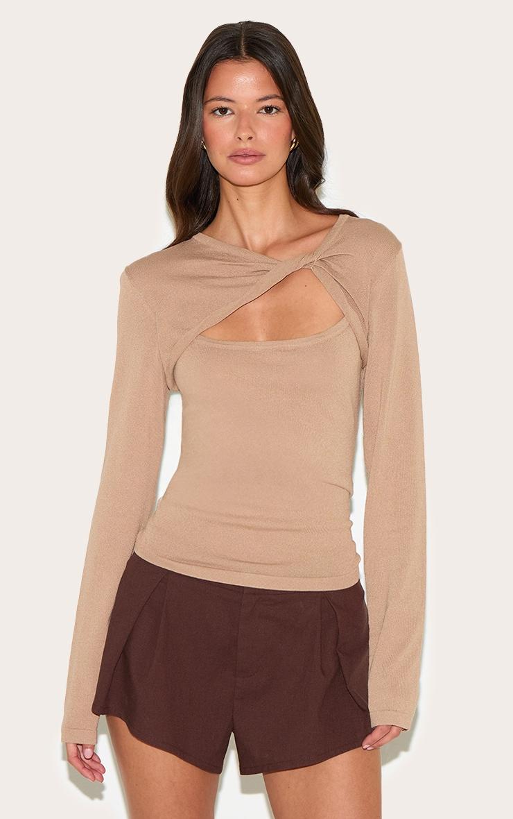 Mushroom Fine Knit Twist Neck Long Sleeve Top Product Image