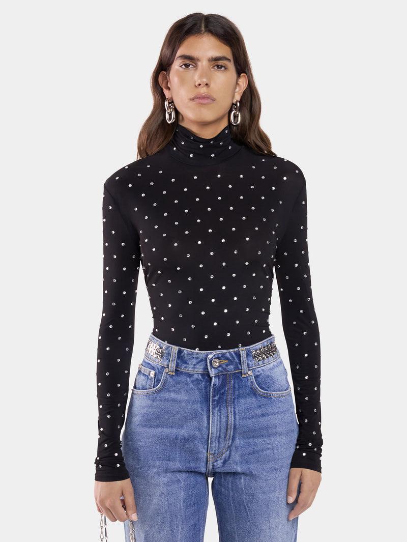 BLACK CRYSTAL-EMBELLISHED TOP IN SECOND-SKIN JERSEY Product Image