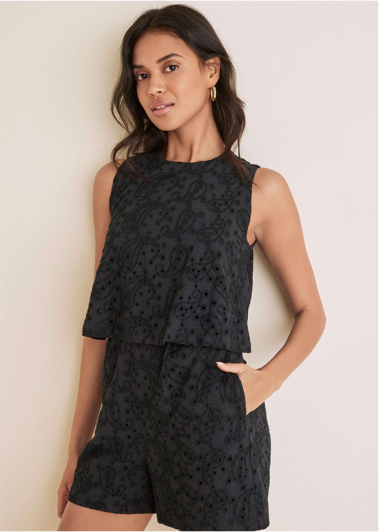 Paisley Eyelet Romper - Black Product Image