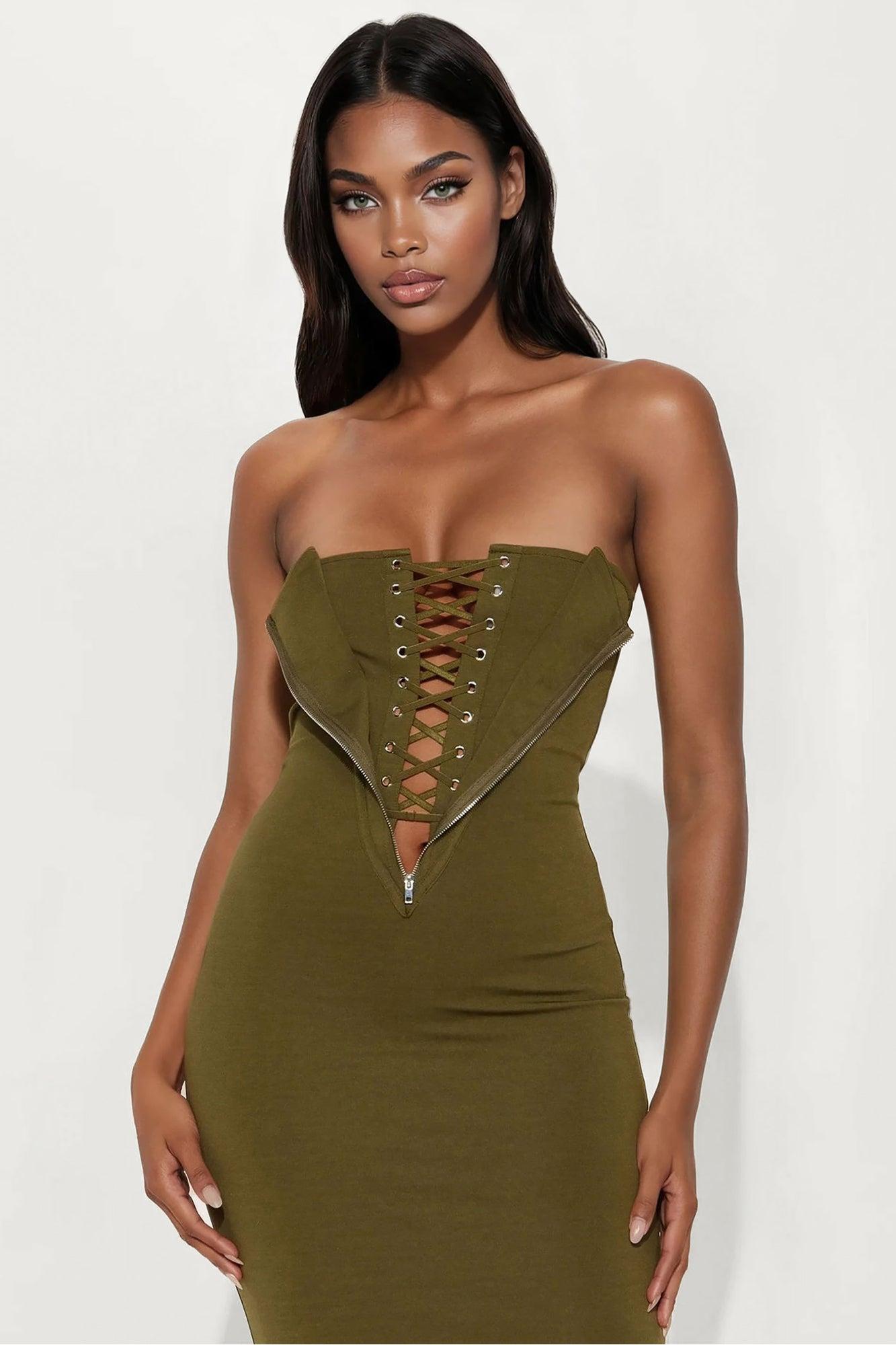 Kiara Lace Up Maxi Dress - Olive Female Product Image