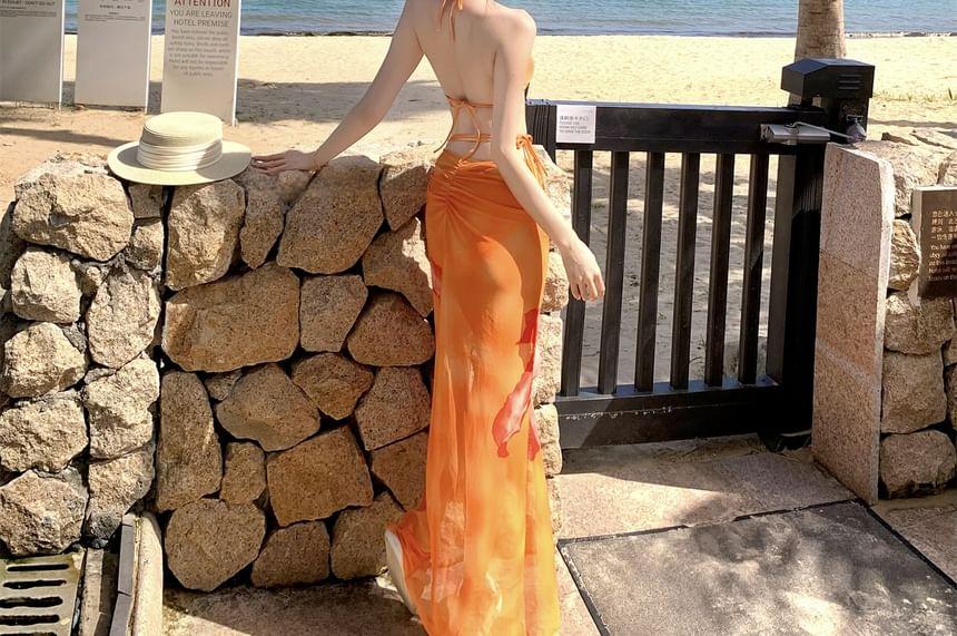 Set: Halter Floral Print Bikini Top + Bottom + Cover Up Skirt Product Image