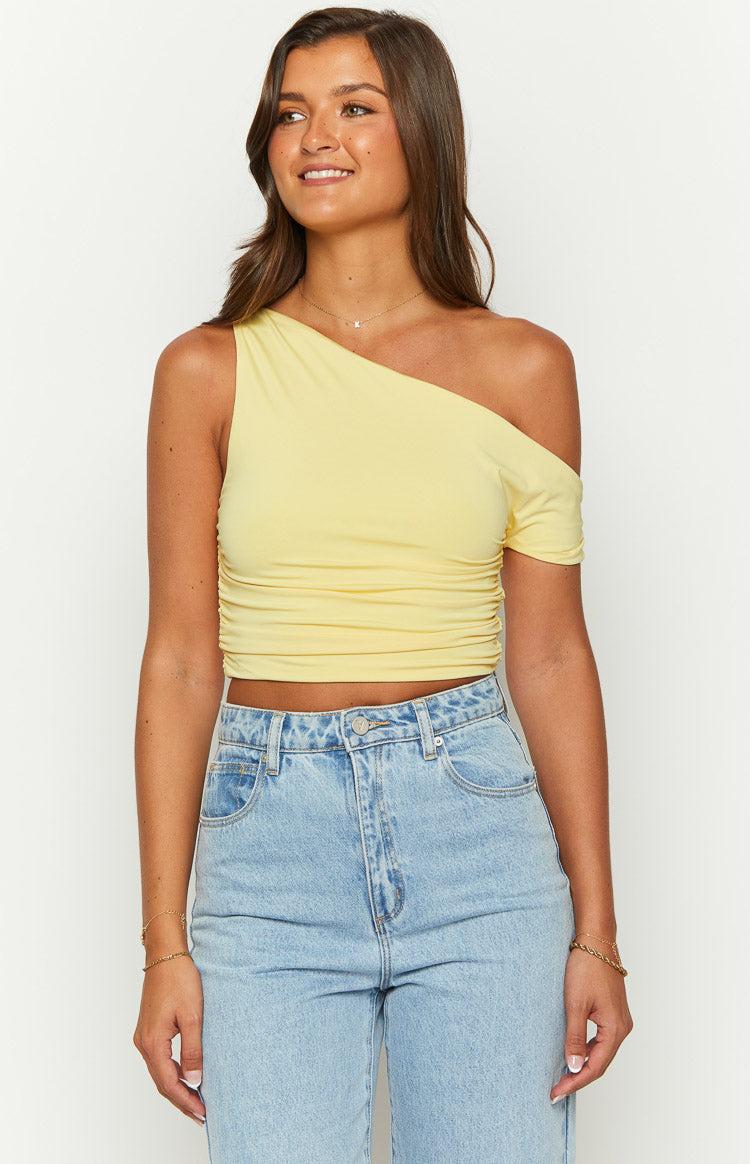 Limelight Drift Yellow Draped Off Shoulder Crop Top Product Image