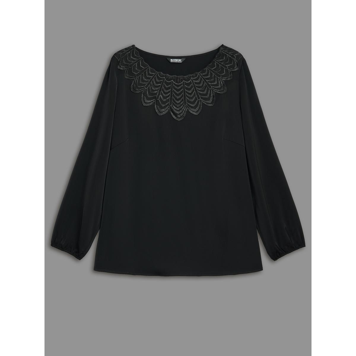 Plus Size Black Lace Trim Sheer Neckline Blouse Women Elegant Long Sleeve Round Neck Everyday Blouses BloomChic 26/4X Product Image
