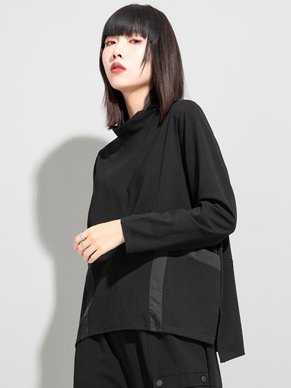 Casual Loose Long Sleeves Split-Joint Solid Color Stand Collar T-Shirts Tops Product Image