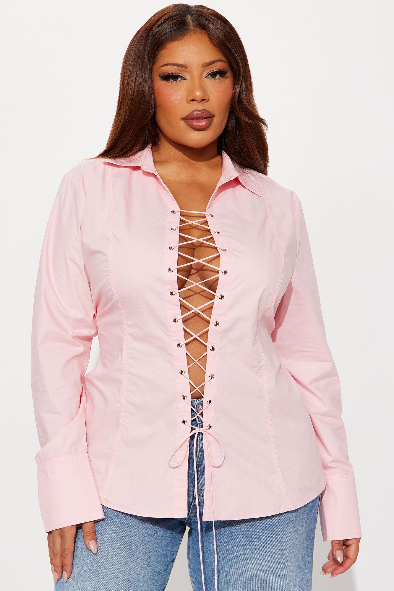 You Know Me Lace Up Poplin Shirt - Pink Female Product Image
