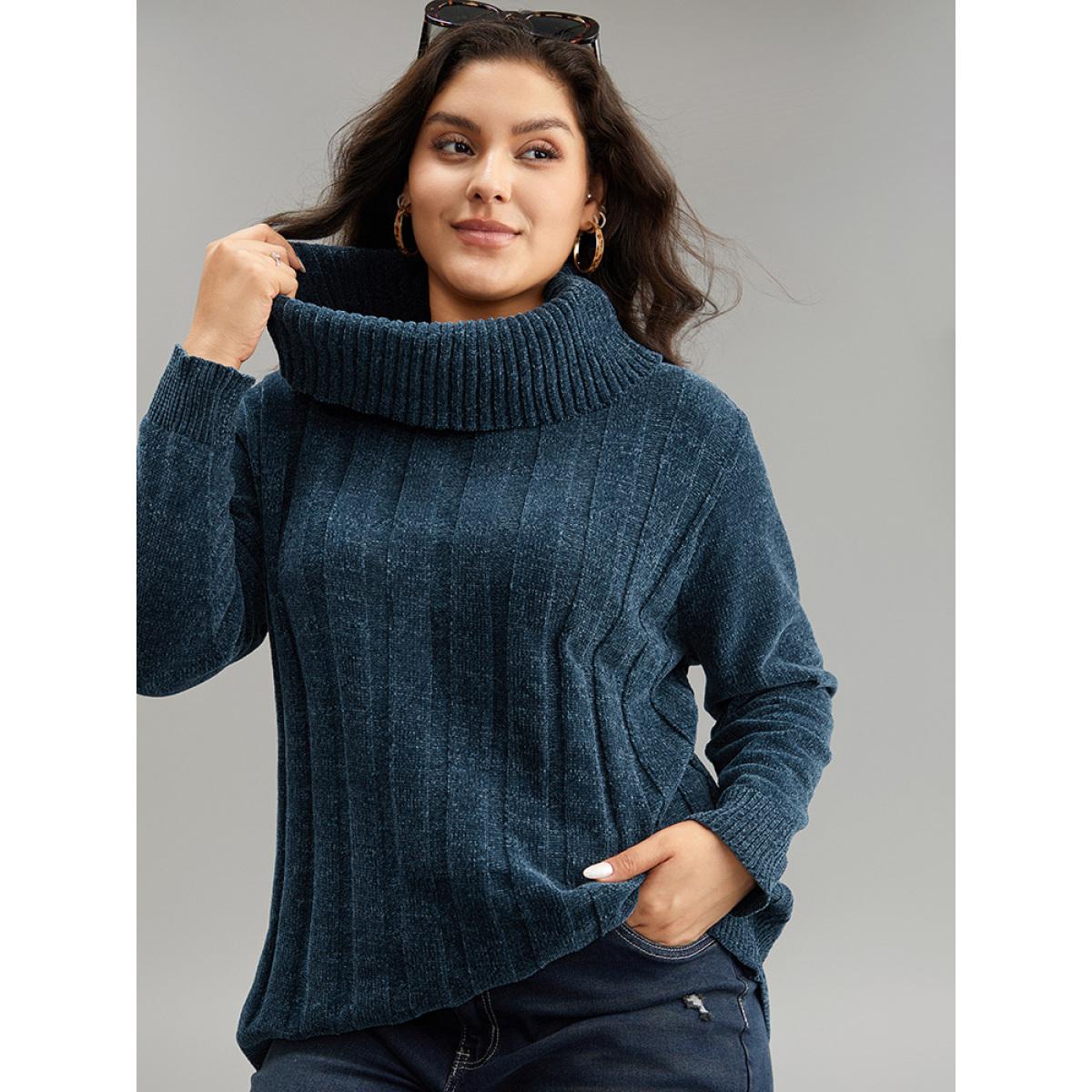 Plus Size Turtle Neck Plain Rib Knit Pullover Cyan Women Casual Long Sleeve Lapel Collar Dailywear Pullovers BloomChic 30/6X Product Image