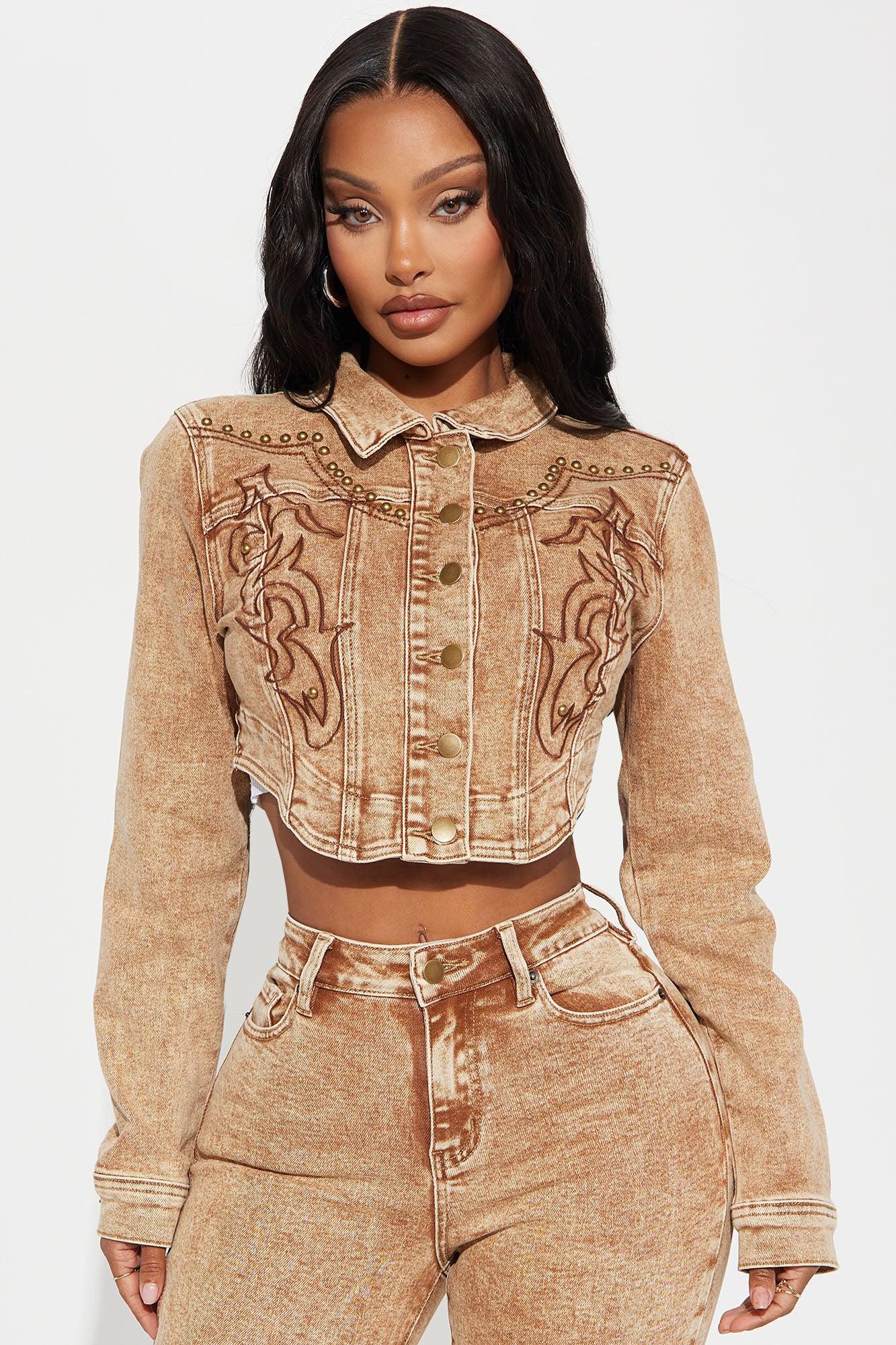 Letting It Ride Embellished Stretch Denim Jacket - Brown Product Image
