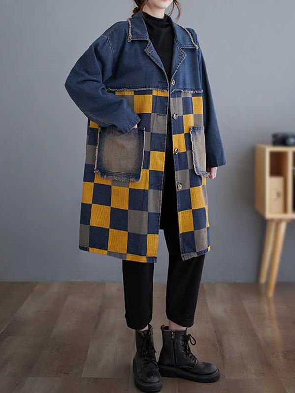 Long Sleeves Loose Buttoned Fringed Plaid Pockets Split-Joint Notched Collar Denim Outerwear Product Image