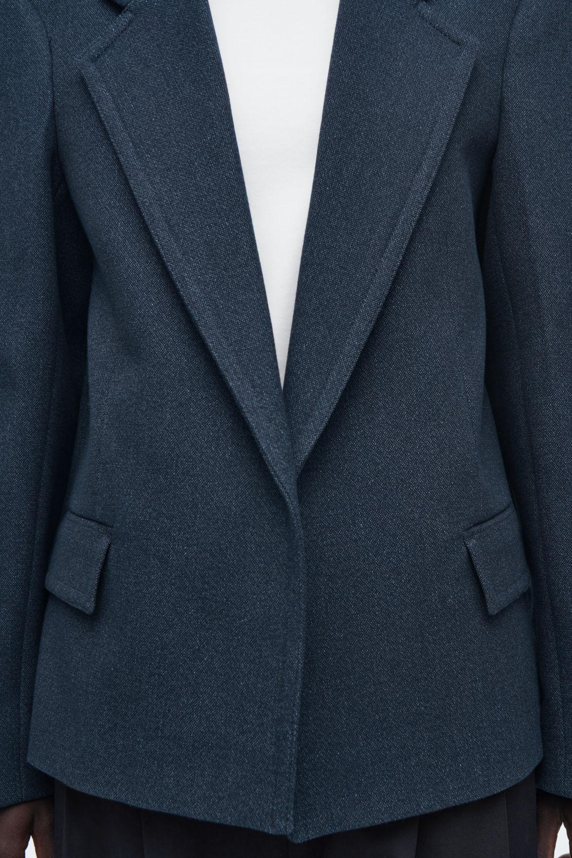 OVERSIZED EXAGGERATED-SHOULDER DENIM-LOOK BLAZER Product Image