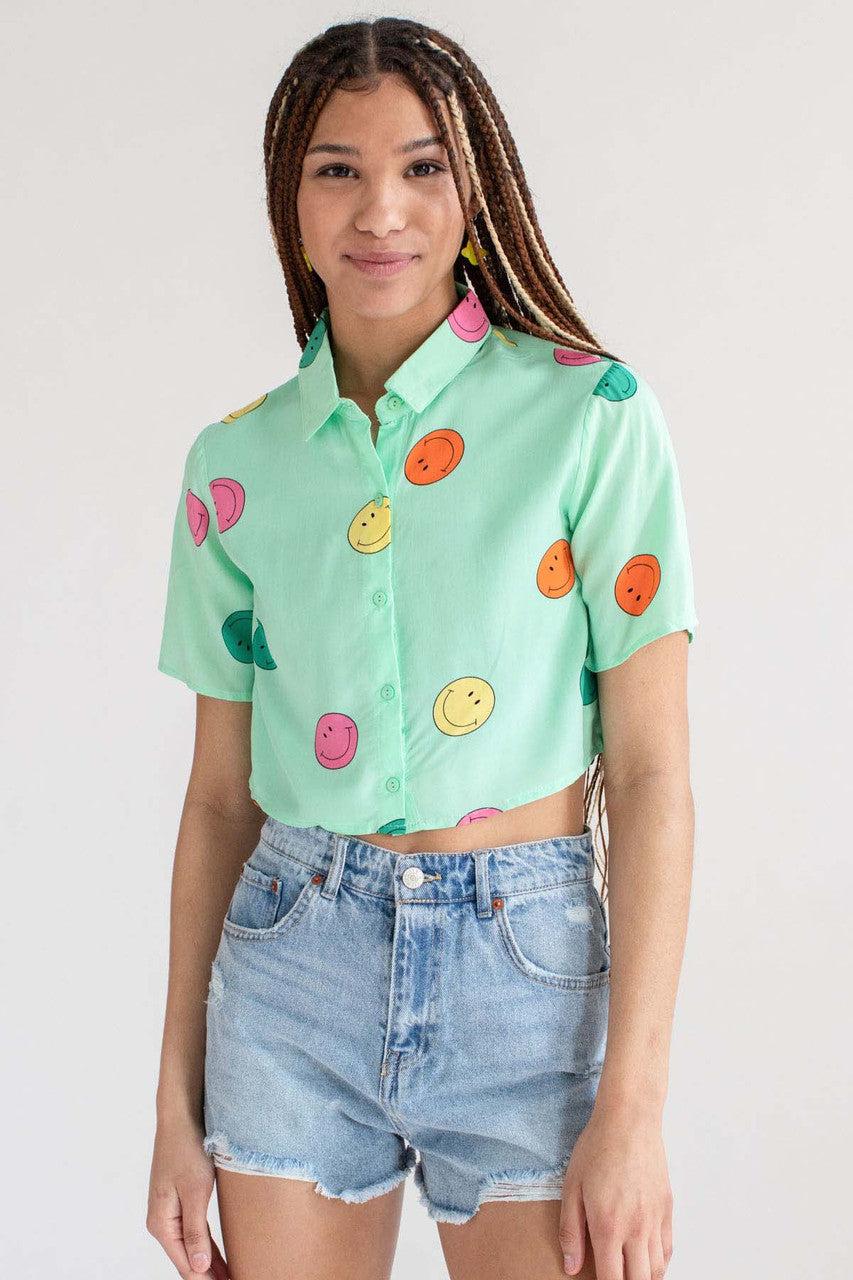 Green Smiley Cropped Button Up Shirt Product Image