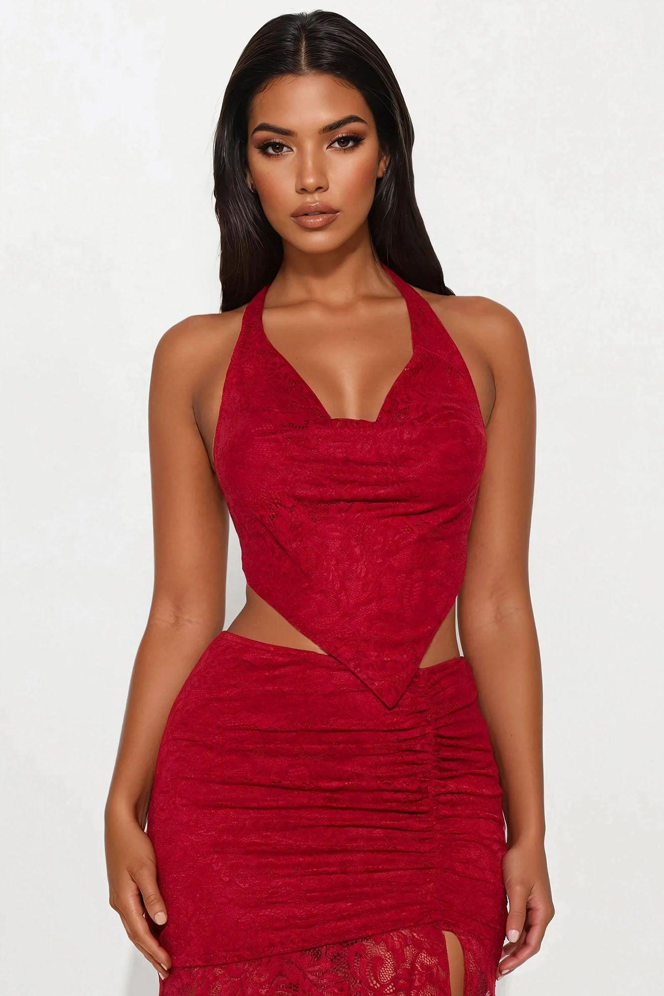 Red Wine Lace Maxi Skirt Set - Red Female Product Image