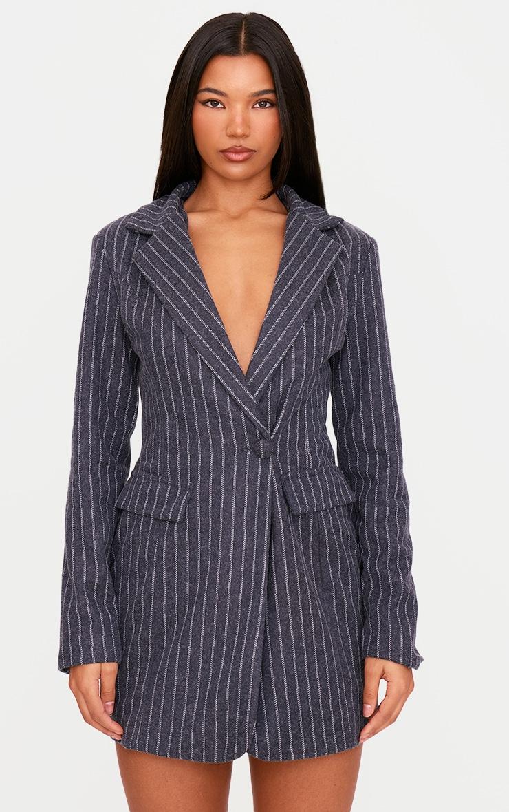 Navy Brushed Woven Pinstripe Cinched Waist Blazer Dress Product Image